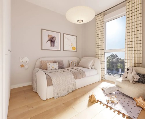 Ejemplo de dormitorio infantil en Insur Iris, mostrando la versatilidad de los espacios y la excelente iluminación natural que reciben todas las estancias de la vivienda.